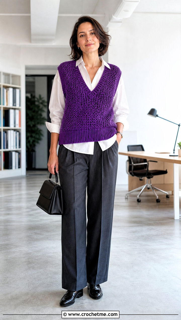 V Neck Crochet Sweater Vest With Button Down Shirt - 20 Crocheted Vests For Women outfit ideas