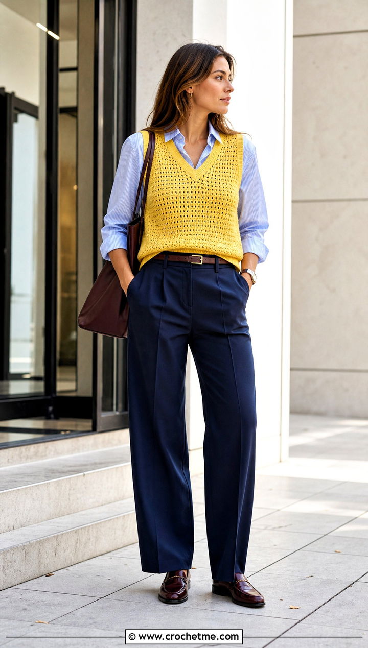 V Neck Crochet Sweater Vest With Button Down Shirt - 25 Easy Crochet Vest For Beginners outfit ideas