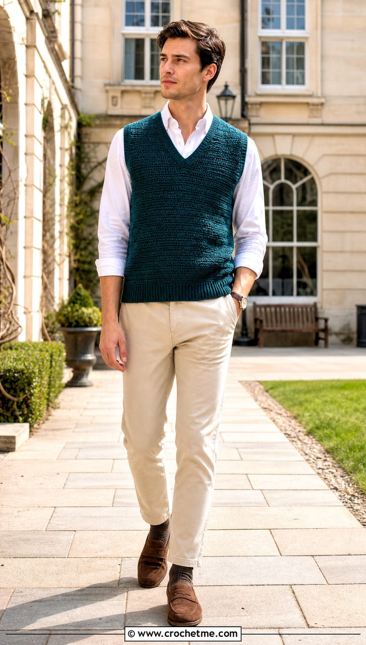 V Neck Crochet Sweater Vest With Oxford Shirt - 30 men's crochet vest outfit ideas