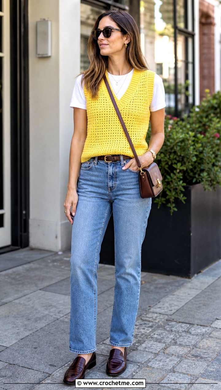 V Neck Crochet Sweater Vest With Straight Leg Jeans - 15 basic crochet sweater vest outfit ideas