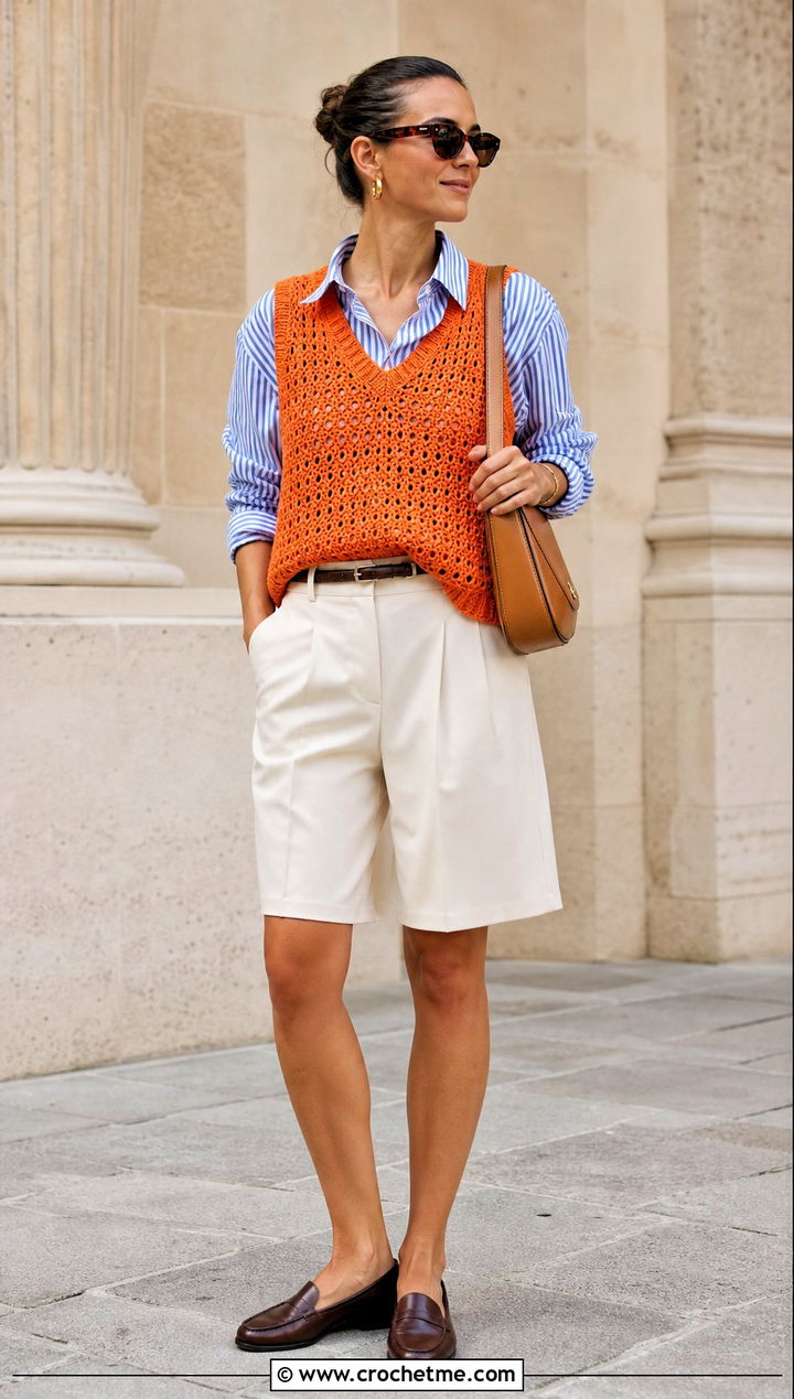 V Neck Crochet Sweater Vest With Tailored Shorts - 25 diy crochet sweater vest outfit ideas