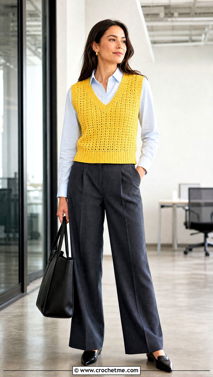 V Neck Crochet Sweater Vest With Tailored Trousers - 15 Crochet For Ladies Vests outfit ideas