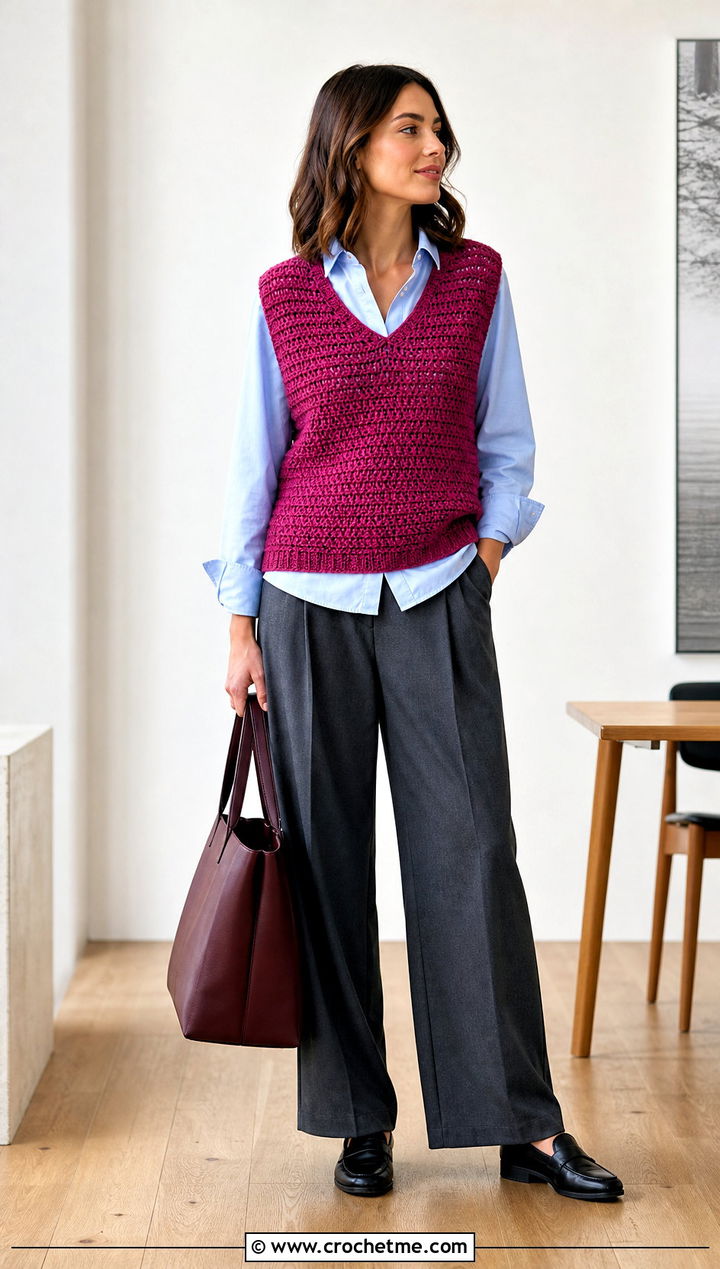 V Neck Crochet Sweater Vest With Tailored Trousers - 15 Crochet Fall Vest outfit ideas
