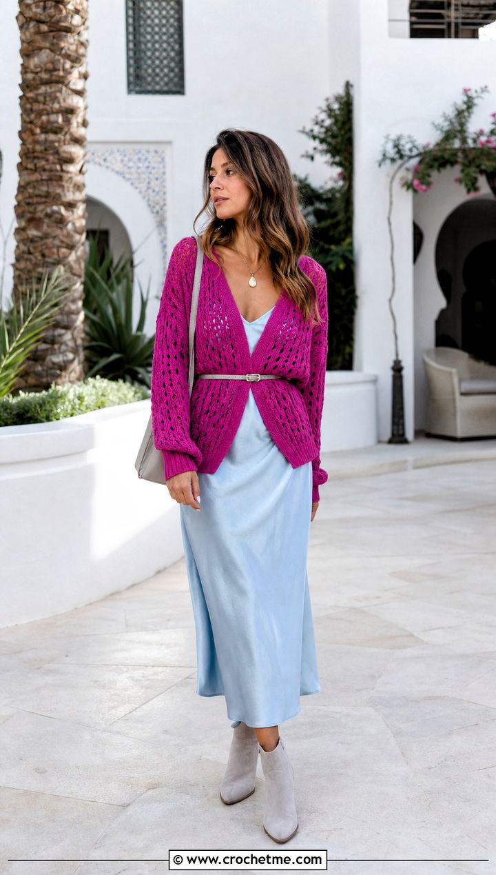 V Neck Crochet Sweater With A Slip Dress - 30 spring crochet sweater outfit ideas