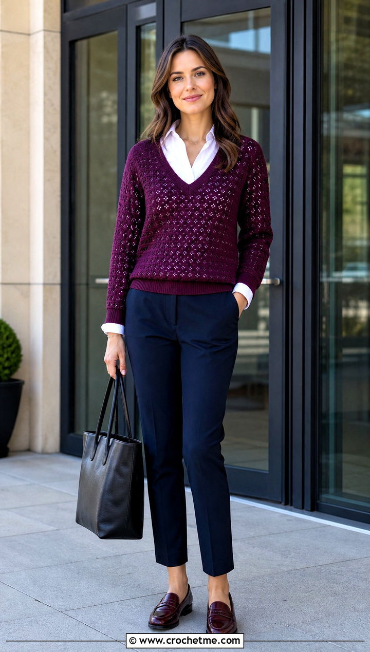 V Neck Crochet Sweater With Button Down Shirt - 30 cozy crochet sweater outfit ideas