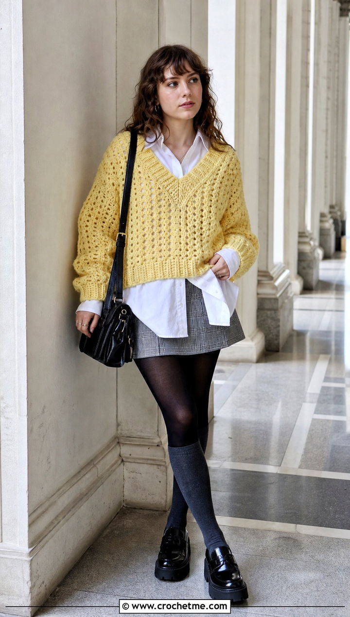 V Neck Crochet Sweater With Button Down Shirt - 25 alt crochet sweater outfit ideas