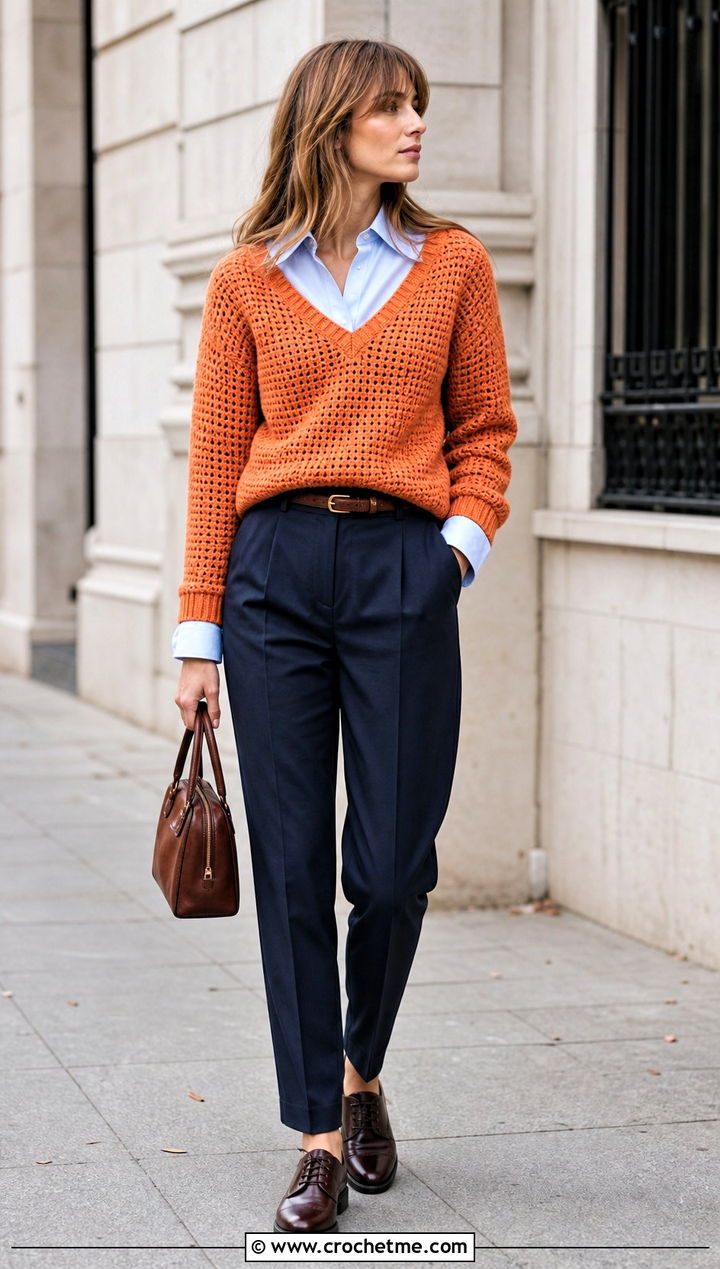 V Neck Crochet Sweater With Button Down Shirt - 25 unisex crochet sweater outfit ideas