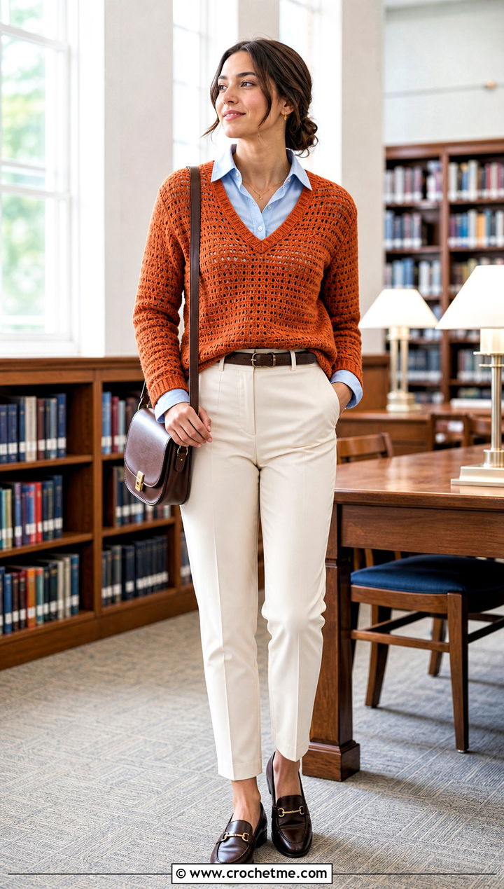 V Neck Crochet Sweater With Button Down Shirt - 15 Crochet Womens Sweaters outfit ideas