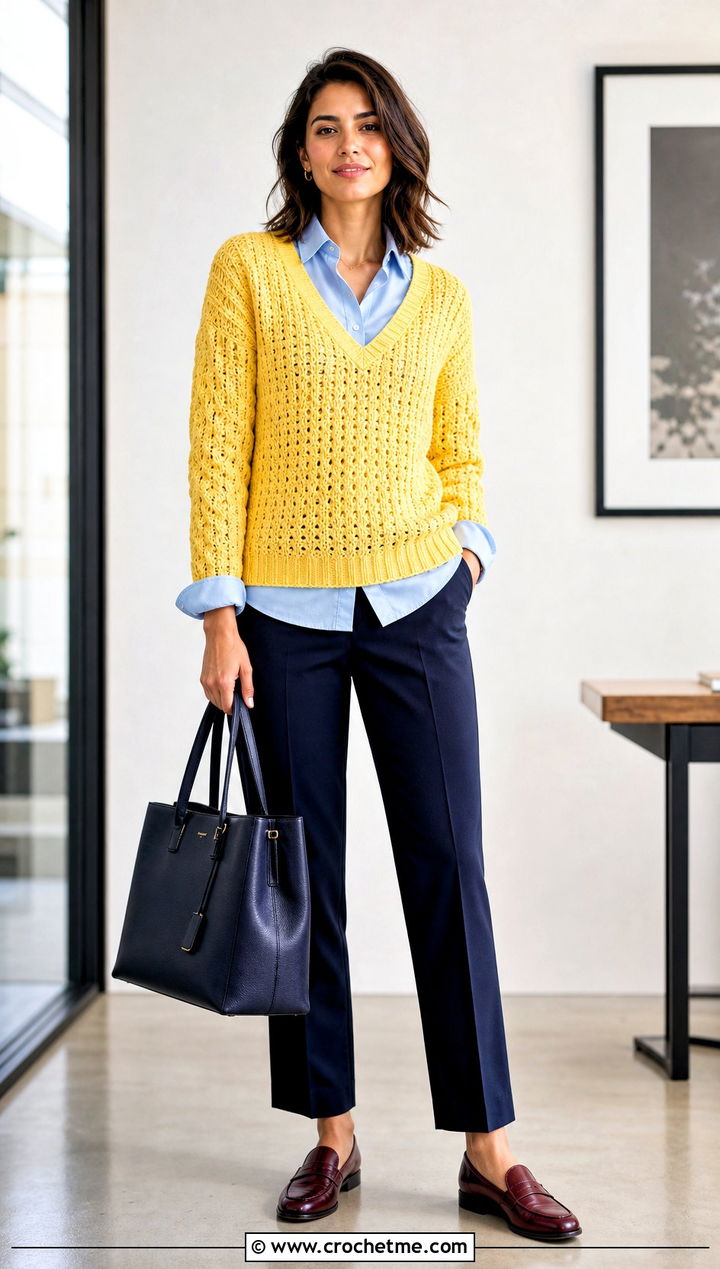 V Neck Crochet Sweater With Button Down Shirt - 15 Simple Crochet Sweater Design outfit ideas