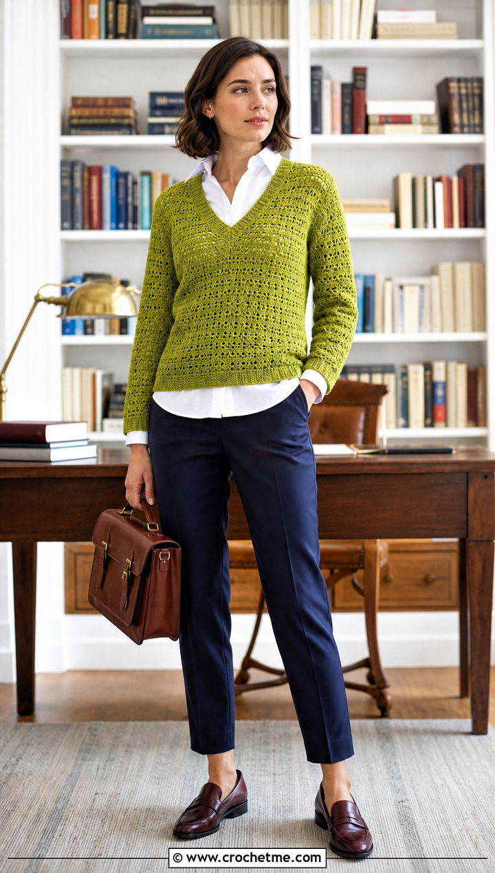 V Neck Crochet Sweater With Button Down Shirt - 20 Comfy Crochet Sweater outfit ideas