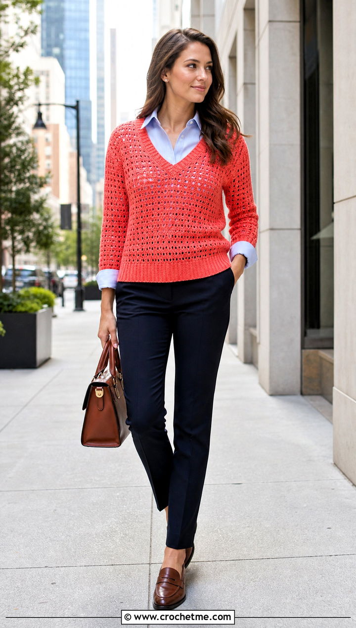 V Neck Crochet Sweater With Button Down Shirt - 30 crochet sweater inspiration outfit ideas