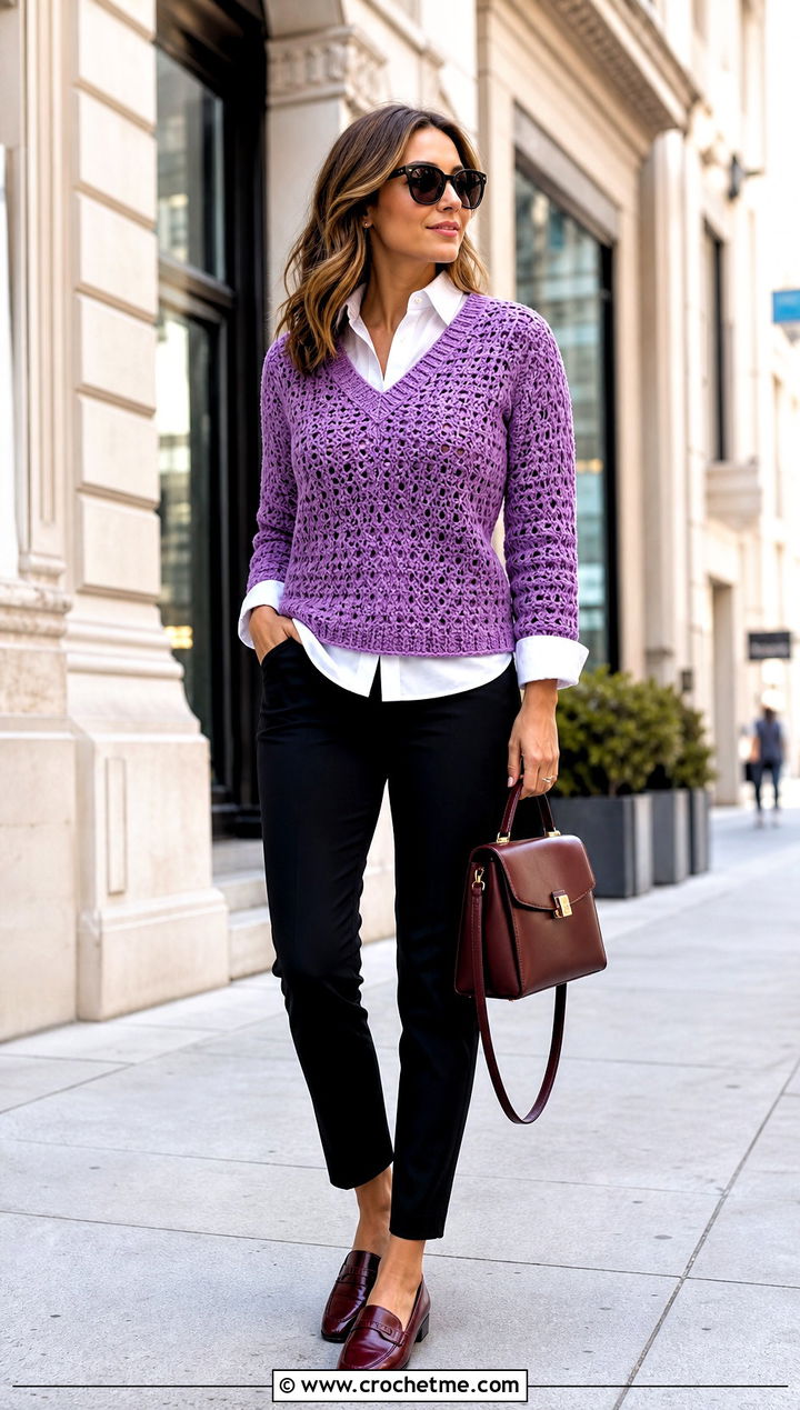 V Neck Crochet Sweater With Button Down Shirt - 30 crochet women sweater outfit ideas