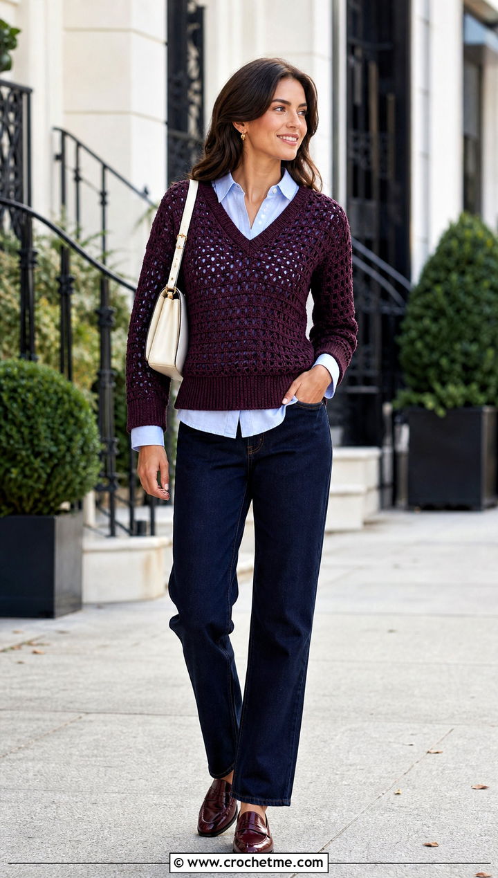 V Neck Crochet Sweater With Button Down Shirt - 30 Crocheted Sweater Outfit ideas