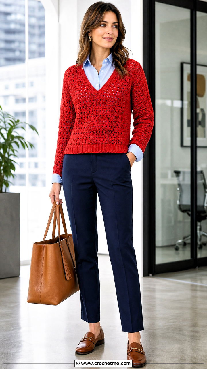 V Neck Crochet Sweater With Button Down Shirt - 35 crochet sweater design for women outfit ideas