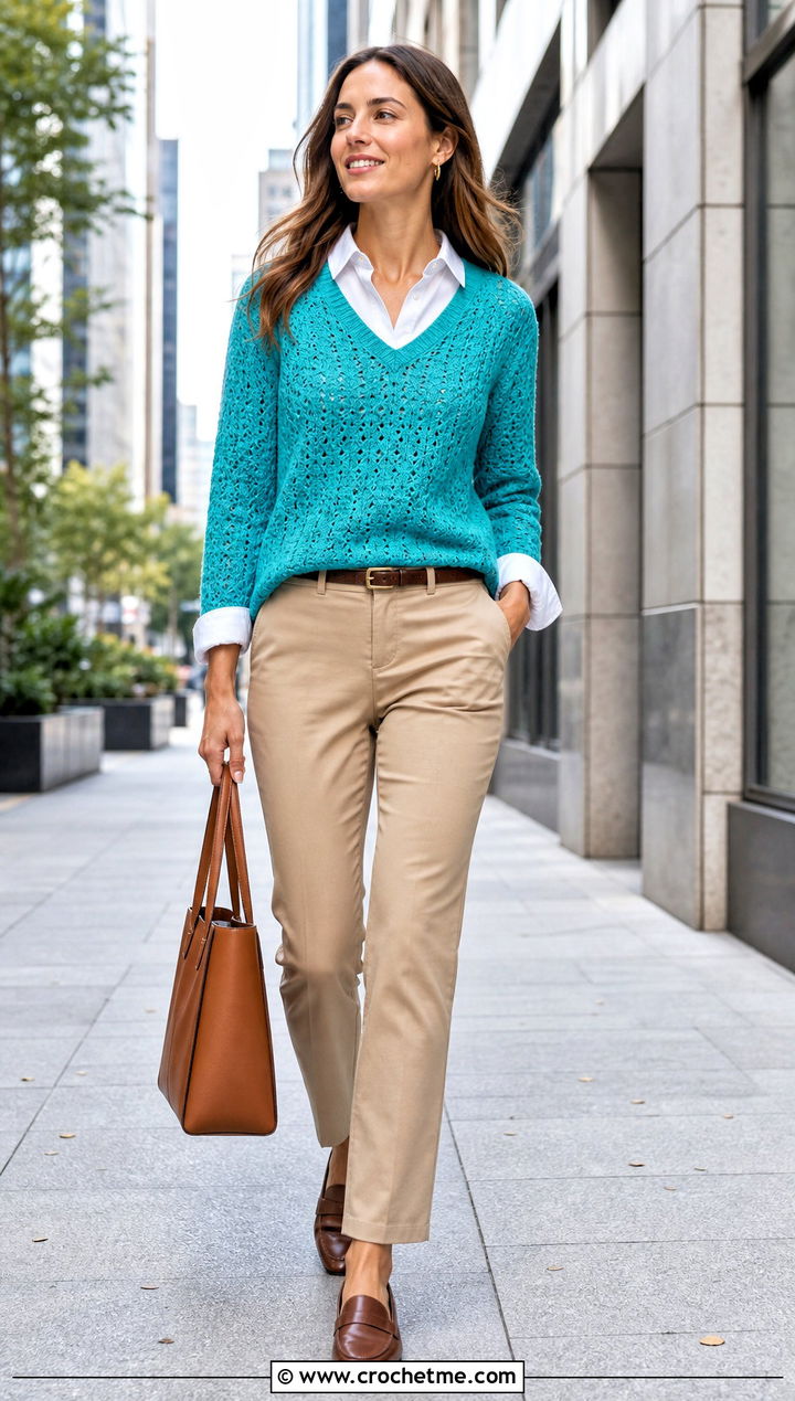V Neck Crochet Sweater With Button Down Shirt And Chinos - 30 fall crochet sweaters outfit ideas