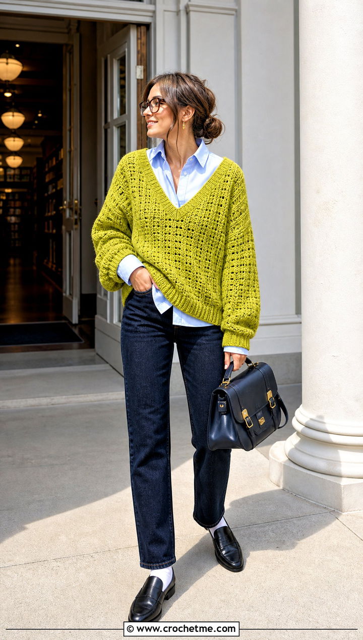 V Neck Crochet Sweater With Button Down Shirt And Jeans - 15 Oversized Crochet Sweaters outfit ideas