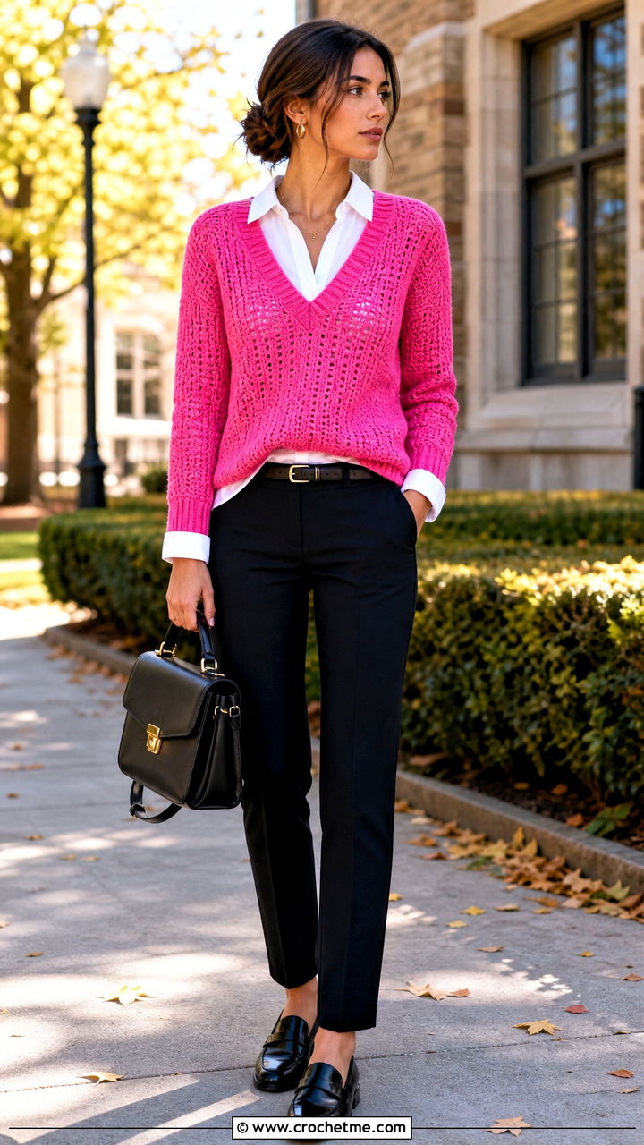 V Neck Crochet Sweater With Button Down Shirt And Loafers - 35 fall crochet sweater outfit ideas
