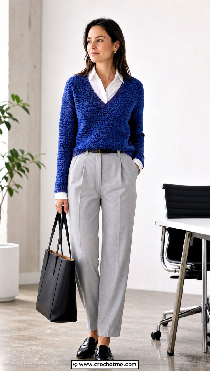 V Neck Crochet Sweater With Button Down Shirt And Trousers - 30 knit look crochet sweater outfit ideas