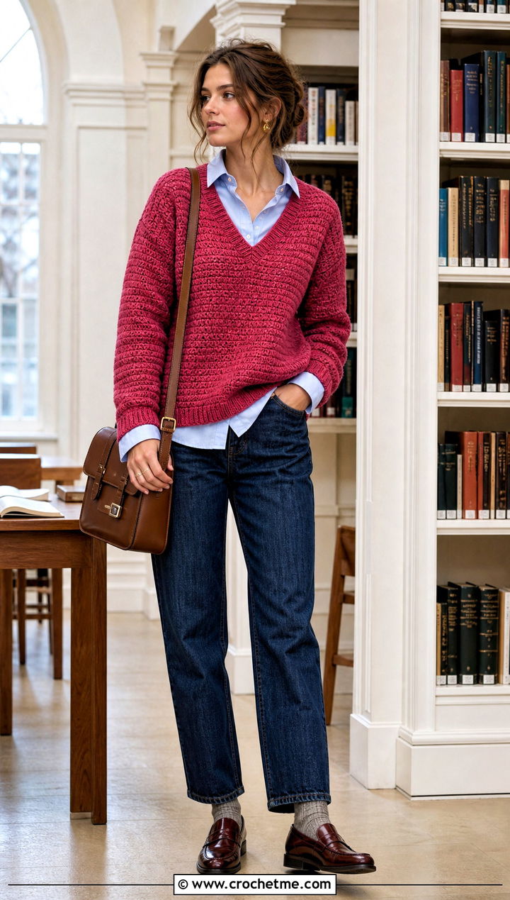 V Neck Crochet Sweater With Collared Shirt And Jeans - 15 Crochet Comfy Sweater outfit ideas