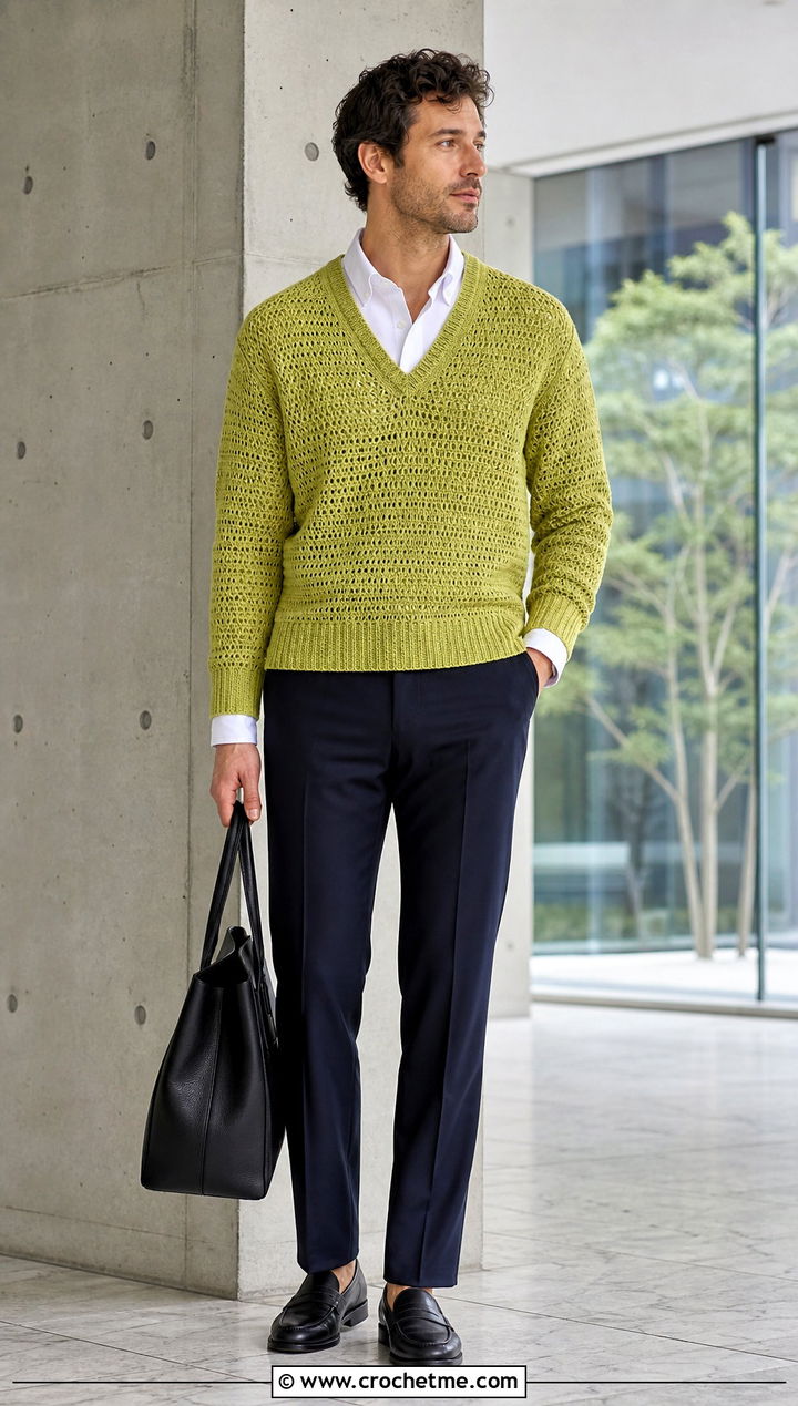 V Neck Crochet Sweater With Collared Shirt - 25 man crochet sweater outfit ideas