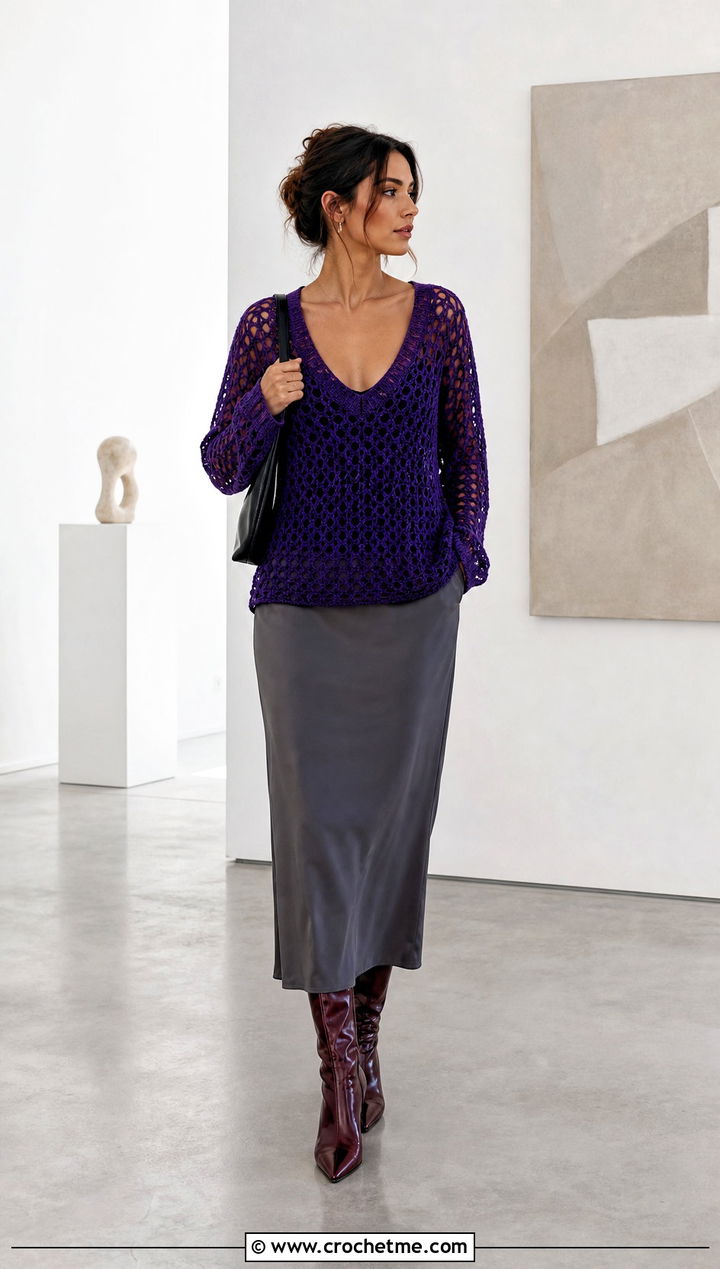 V Neck Crochet Sweater With Column Skirt - 25 crochet sweater and skirt outfit ideas