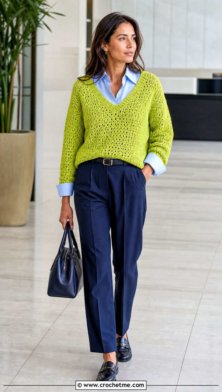 V Neck Crochet Sweater With Navy Suit Pants - 15 Soft Crochet Sweater outfit ideas
