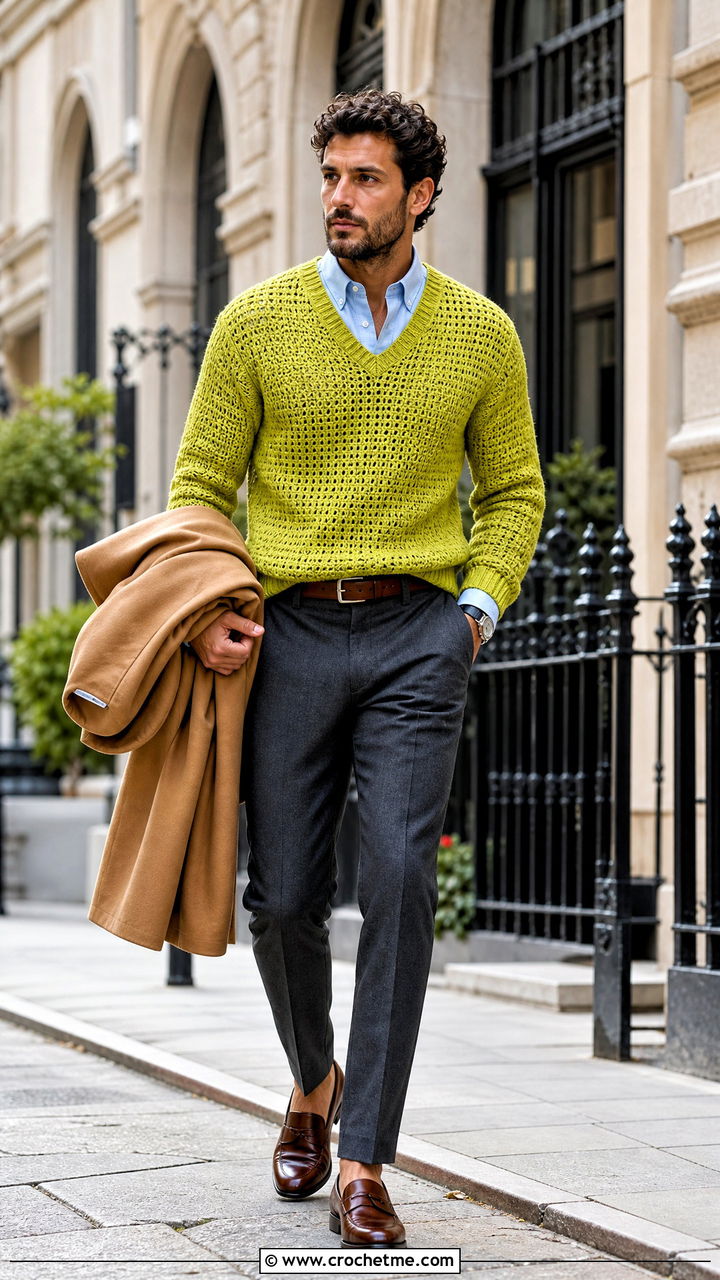 V Neck Crochet Sweater With Oxford Shirt - 35 crochet mens sweater outfit ideas