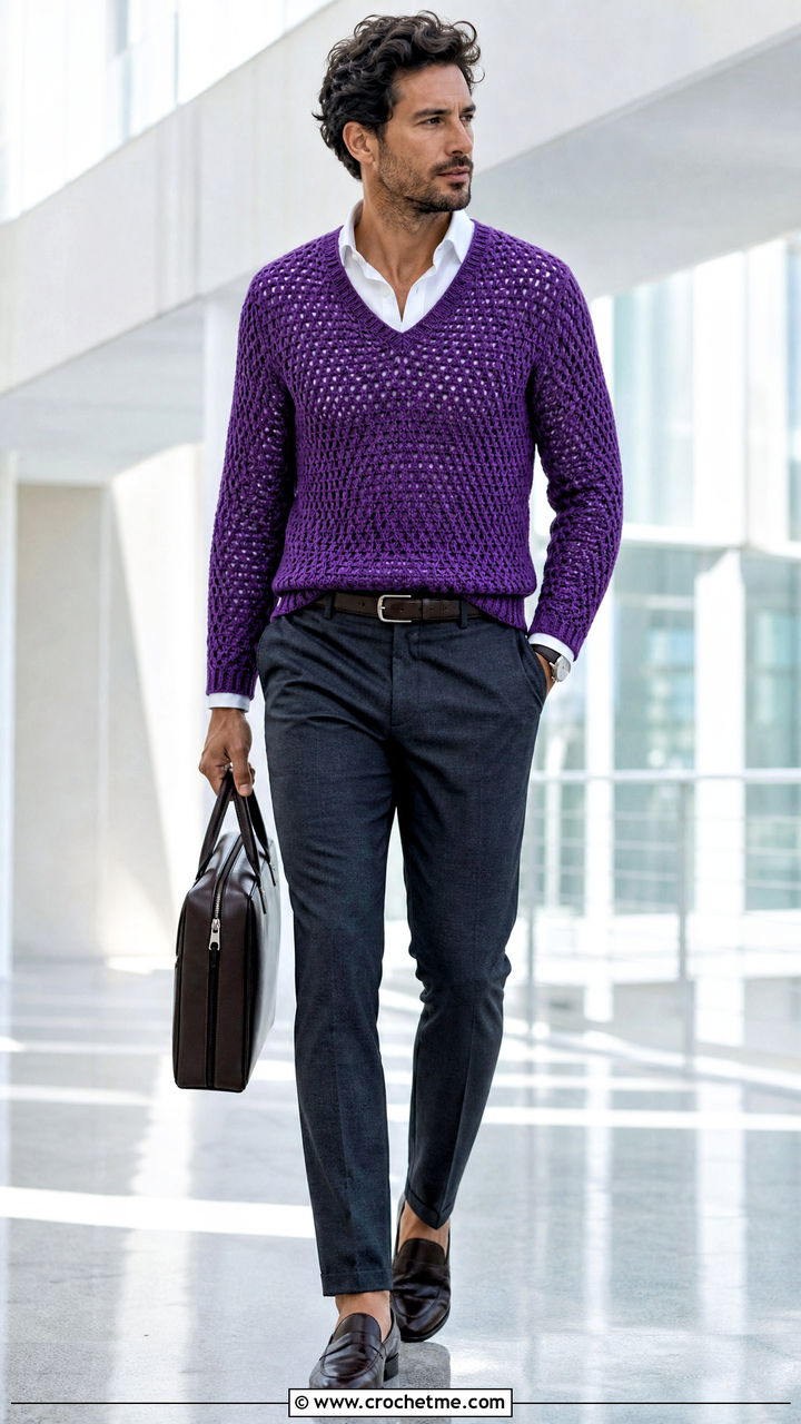 V Neck Crochet Sweater With Oxford Shirt - 35 crochet sweater for men outfit ideas