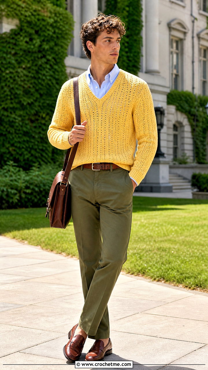 V Neck Crochet Sweater With Oxford Shirt - 35 men crochet sweater outfit ideas