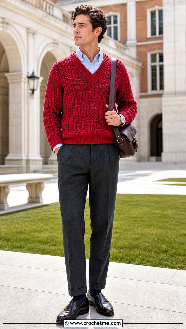 V Neck Crochet Sweater With Oxford Shirt - 35 men's crochet sweater ideas