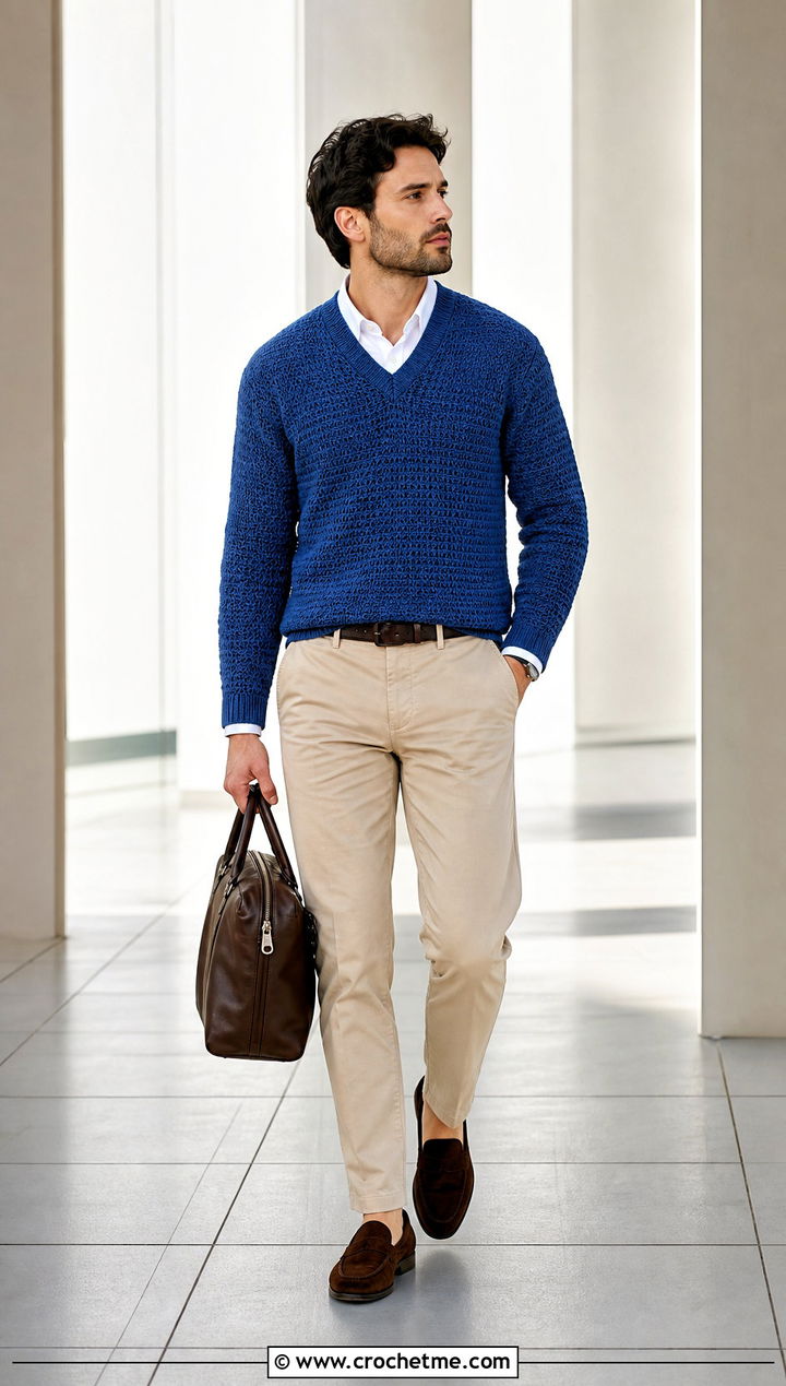 V Neck Crochet Sweater With Oxford Shirt And Chinos - 30 crochet sweater for man outfit ideas