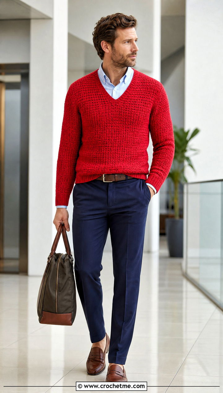 V Neck Crochet Sweater With Oxford Shirt - 30 male crochet sweater outfit ideas