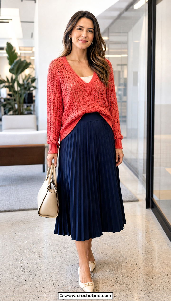 V Neck Crochet Sweater With Pleated Midi Skirt - 15 old navy crochet sweater outfit ideas