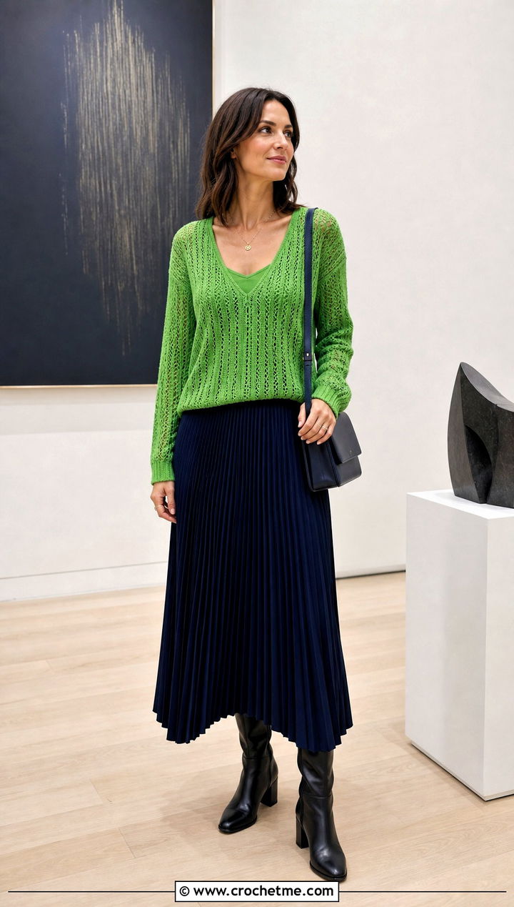 V Neck Crochet Sweater With Pleated Midi Skirt - 30 unique crochet sweater outfit ideas