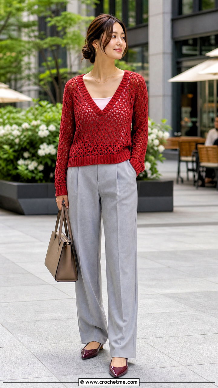 V Neck Crochet Sweater With Pleated Pants - 35 easy crochet sweater outfit ideas
