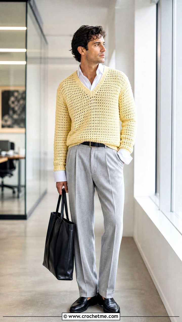 V Neck Crochet Sweater With Pleated Trousers - 25 Mens Crochet Sweaters outfit ideas