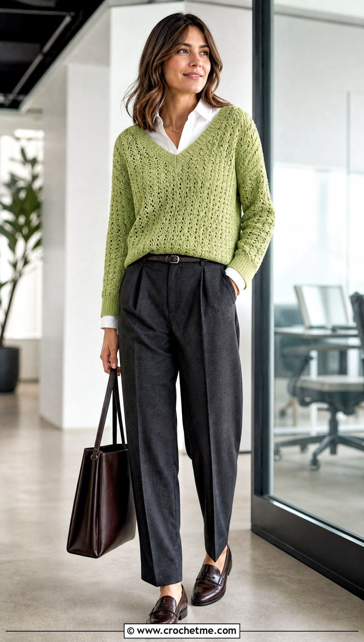 V Neck Crochet Sweater With Pleated Trousers - 35 crochet sweater women outfit ideas