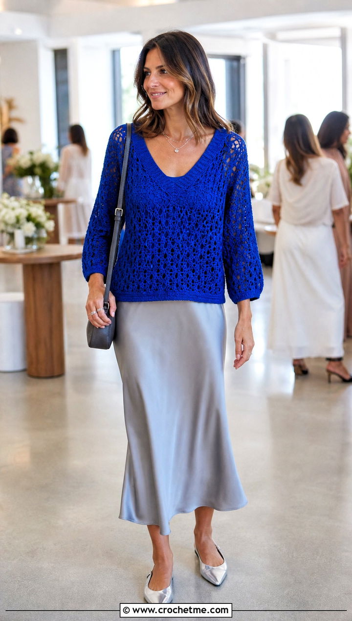 V Neck Crochet Sweater With Satin Midi Skirt - 20 Crochet Ladies Sweater outfit ideas