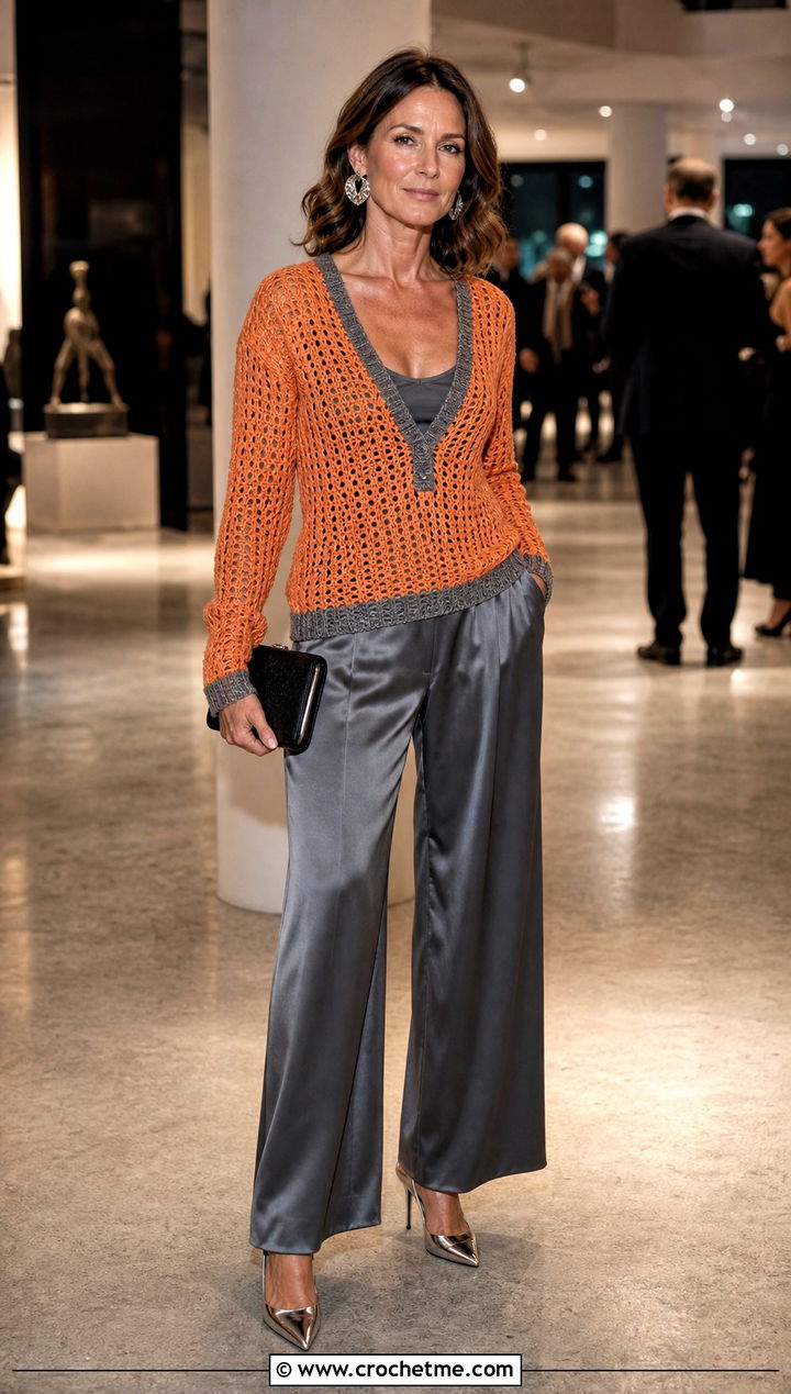V Neck Crochet Sweater With Satin Wide Leg Pants - 15 Orange And Gray Crochet Sweater outfit ideas
