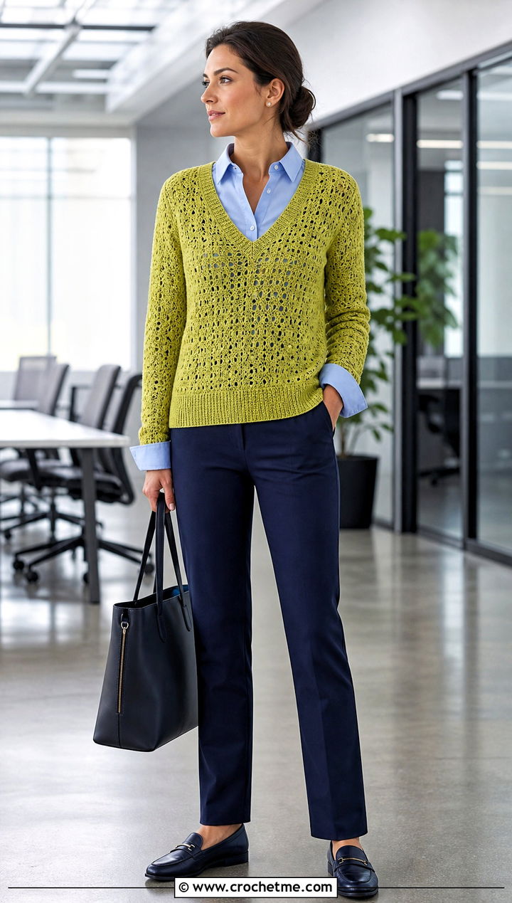 V Neck Crochet Sweater With Shirt And Trousers - 25 Colorful Crochet Sweater Ideas