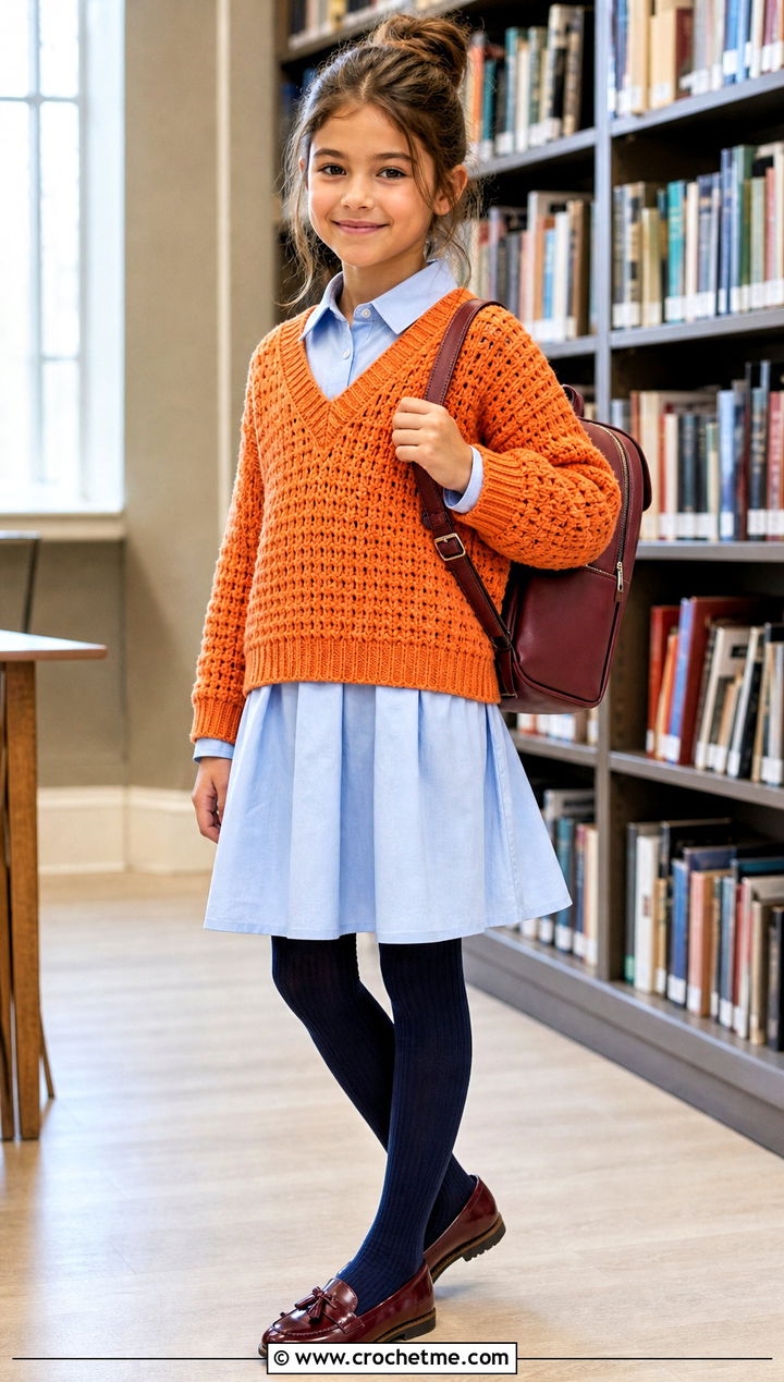 V Neck Crochet Sweater With Shirt Dress - 15 Crochet Childs Sweater outfit ideas
