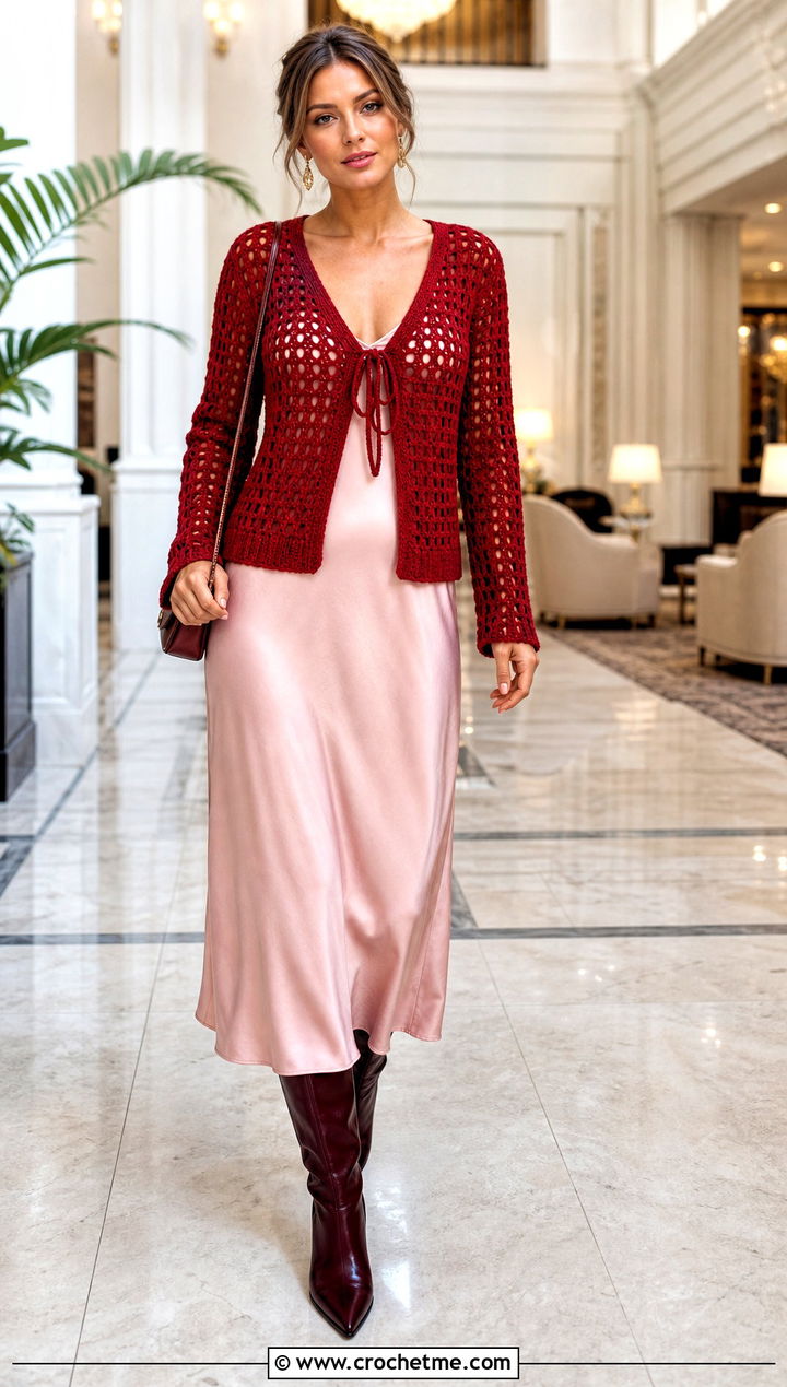 V Neck Crochet Sweater With Slip Dress - 25 Womens Crochet Sweater outfit ideas