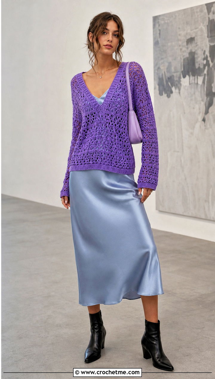V Neck Crochet Sweater With Slip Dress - 35 crochet sweater for women outfit ideas