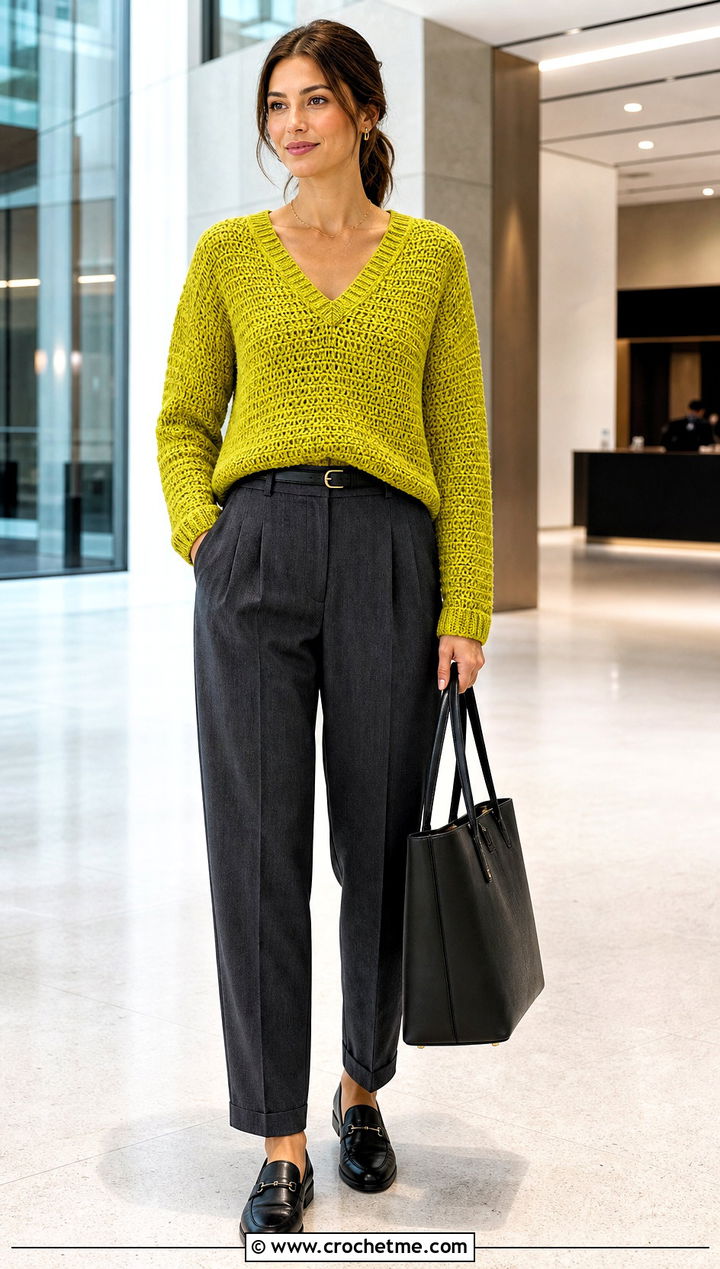 V Neck Crochet Sweater With Tailored Trousers - 35 simple crochet sweater outfit ideas