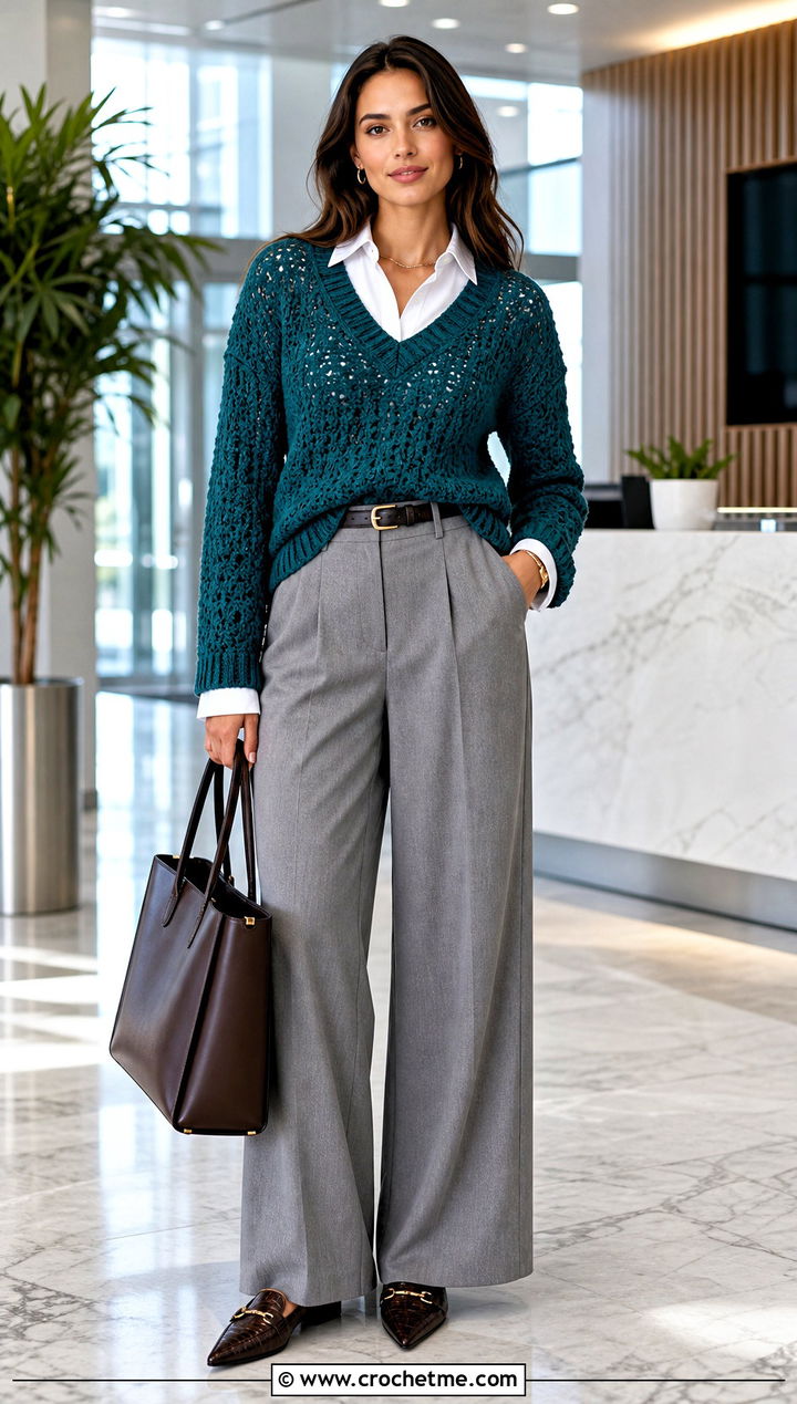 V Neck Crochet Sweater With Tailored Trousers - 35 crocheted sweaters outfit ideas
