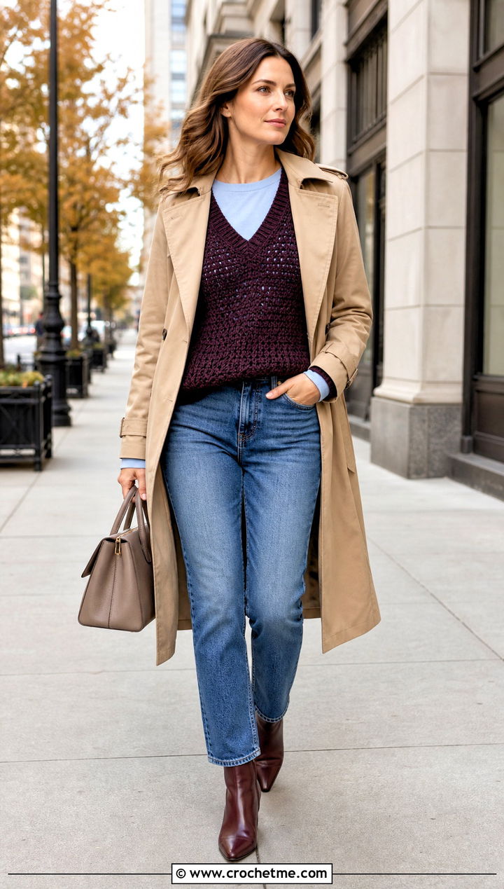 V Neck Crochet Sweater With Trench Coat and Jeans - 15 Crochet Sweater Aesthetic outfit ideas