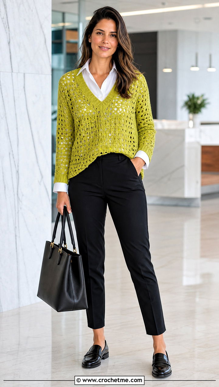 V Neck Crochet Sweater With White Button Down Shirt - 20 Easy Crochet Sweater For Women outfit ideas