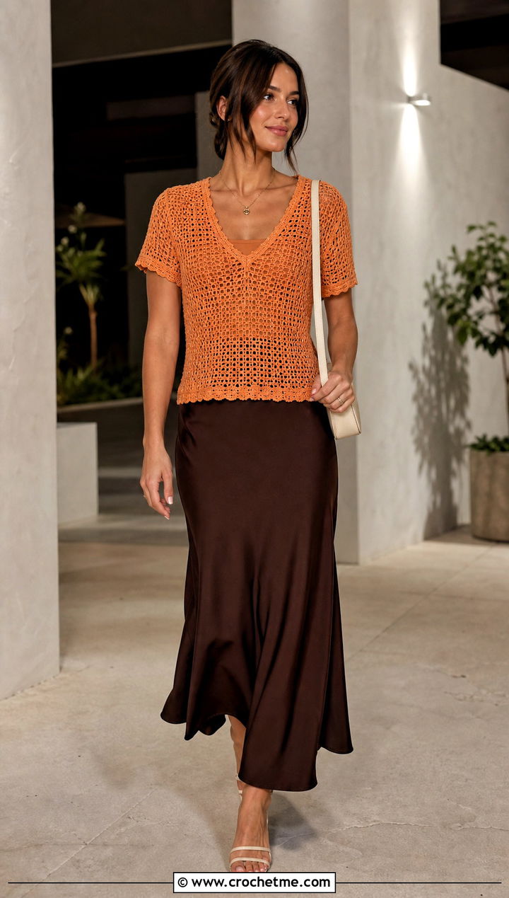 V Neck Crochet T Shirt With Slip Skirt - 30 crochet t shirts outfit ideas