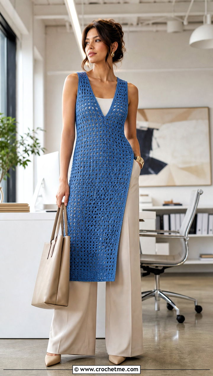 V Neck Crochet Tank Column Dress With Wide Leg Trousers - 25 Crochet Tank Dress outfit ideas