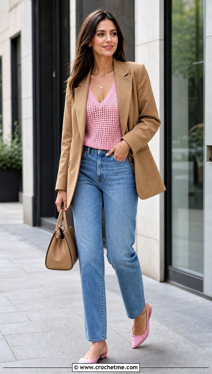 V Neck Crochet Tank Top With Blazer And Jeans - 25 Quick Crochet Tank Top outfit ideas